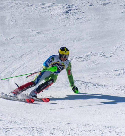 GRANDVALI, ANDORRA - Mar 17, 2019: Skier takes part in the RACE run for the men´s Slalom race of the FIS Alpine Ski World Cup Finals at Soldeu-El Tarter in Andorra, on March 17, 2019.